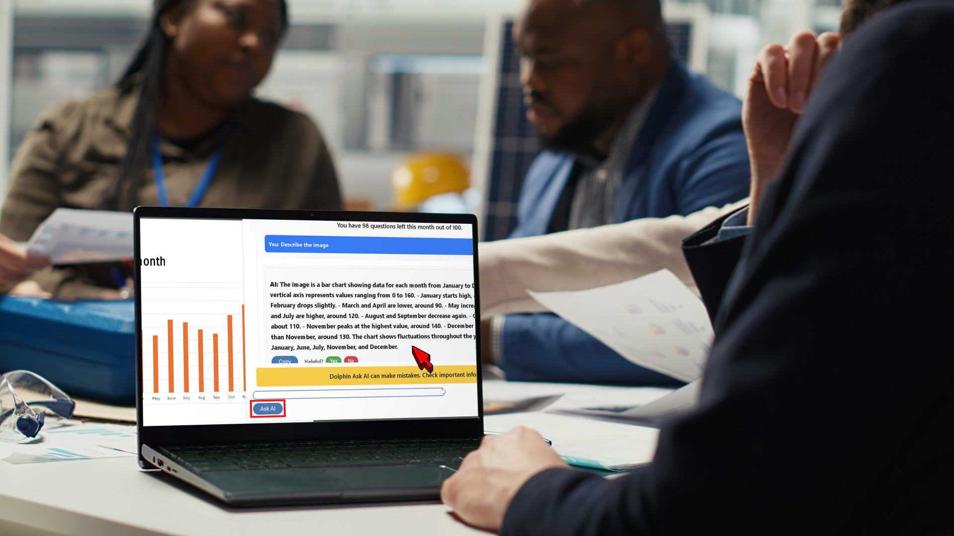 In an office, SuperNova Ask AI is displayed on a laptop, describing a graph in a report